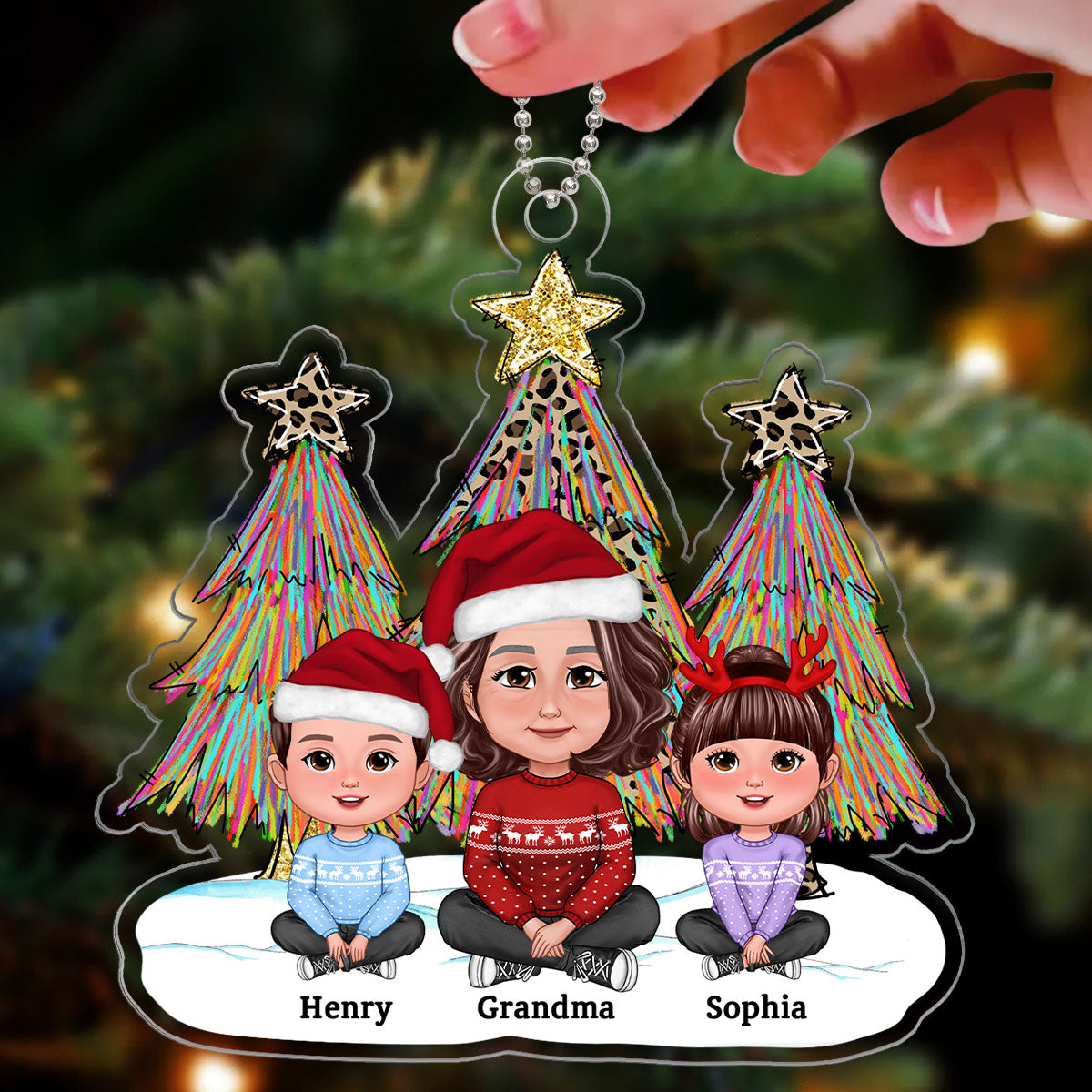 Leopard Colorful Christmas Tree Sketch Grandma Grandkids Personalized Acrylic Ornament