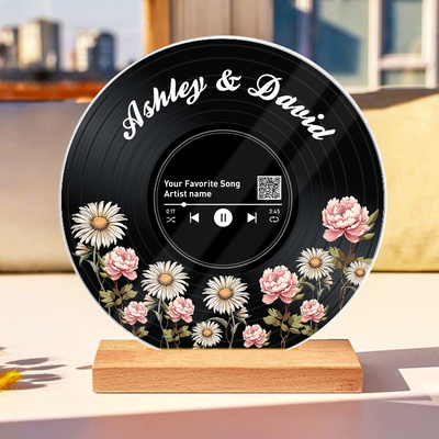 Couple Birth Month Flower Custom Vinyl Record Acrylic Song Plaque, Scannable QR Code, Personalized Valentine's Day, Birthday, Anniversary Gift for her and for him