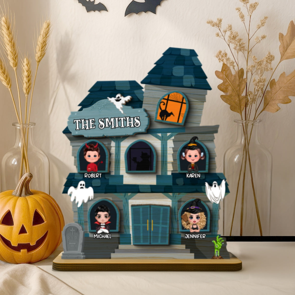 Halloween Spooky House Family Tabletop Tiered Tray Decor Personalized 2-Layer Wooden Stand