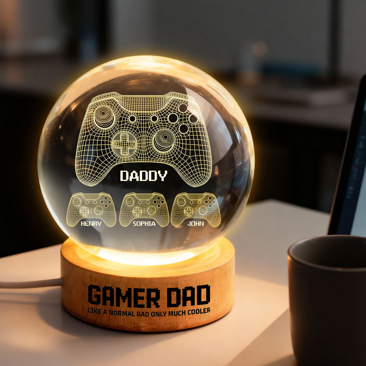 Gamer Dad Like A Normal Dad But Cooler - Personalized Crystal Ball LED Night Light - Father's Day Gift For Dad