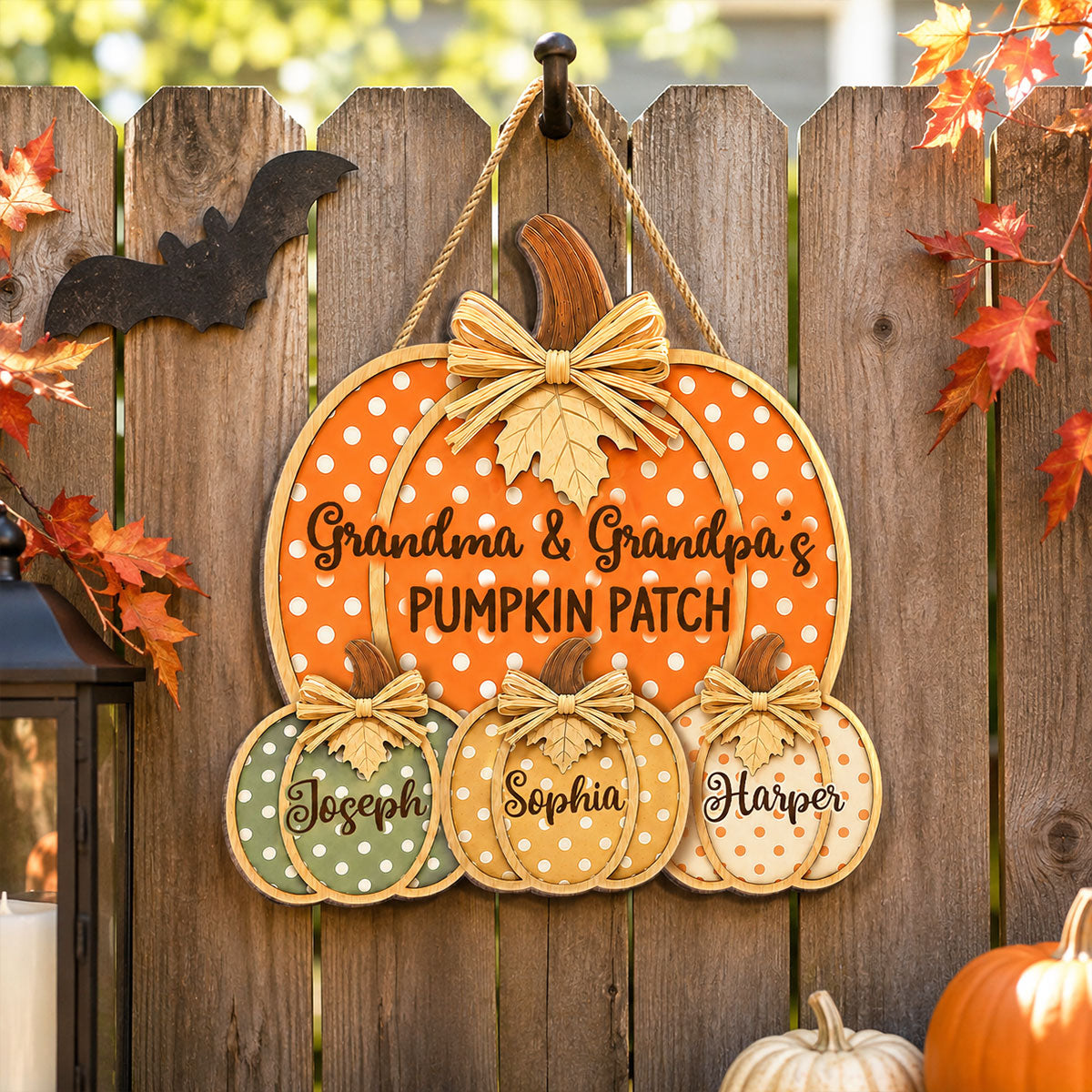 Grandma & Grandpa's Pumpkin Patch Polka Dot 2D Flat Printed - Personalized Door Hanger - Fall Season Decor For Grandparents