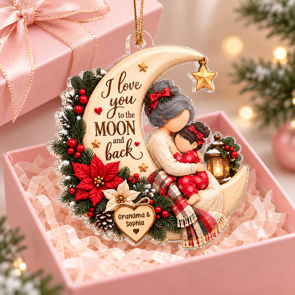 Grandma Loves Grandkid to the Moon and Back - Personalized Acrylic Ornament - Christmas Gift for Granddaughter, Grandson, Grandma