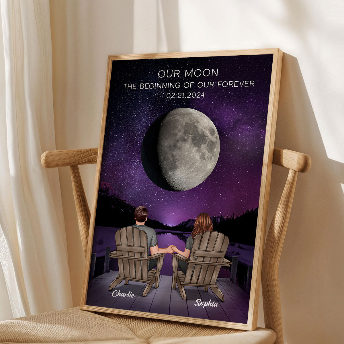 Our Moon Couple Back View Moon Phase Art Anniversary Gift For Him, Gift For Her Wedding Gift Personalized Poster