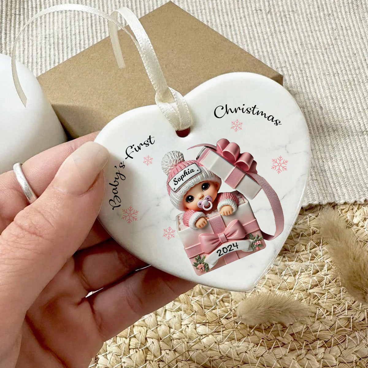 Baby Inside Gift Box Personalized Heart Ornament, Baby First Christmas Keepsake