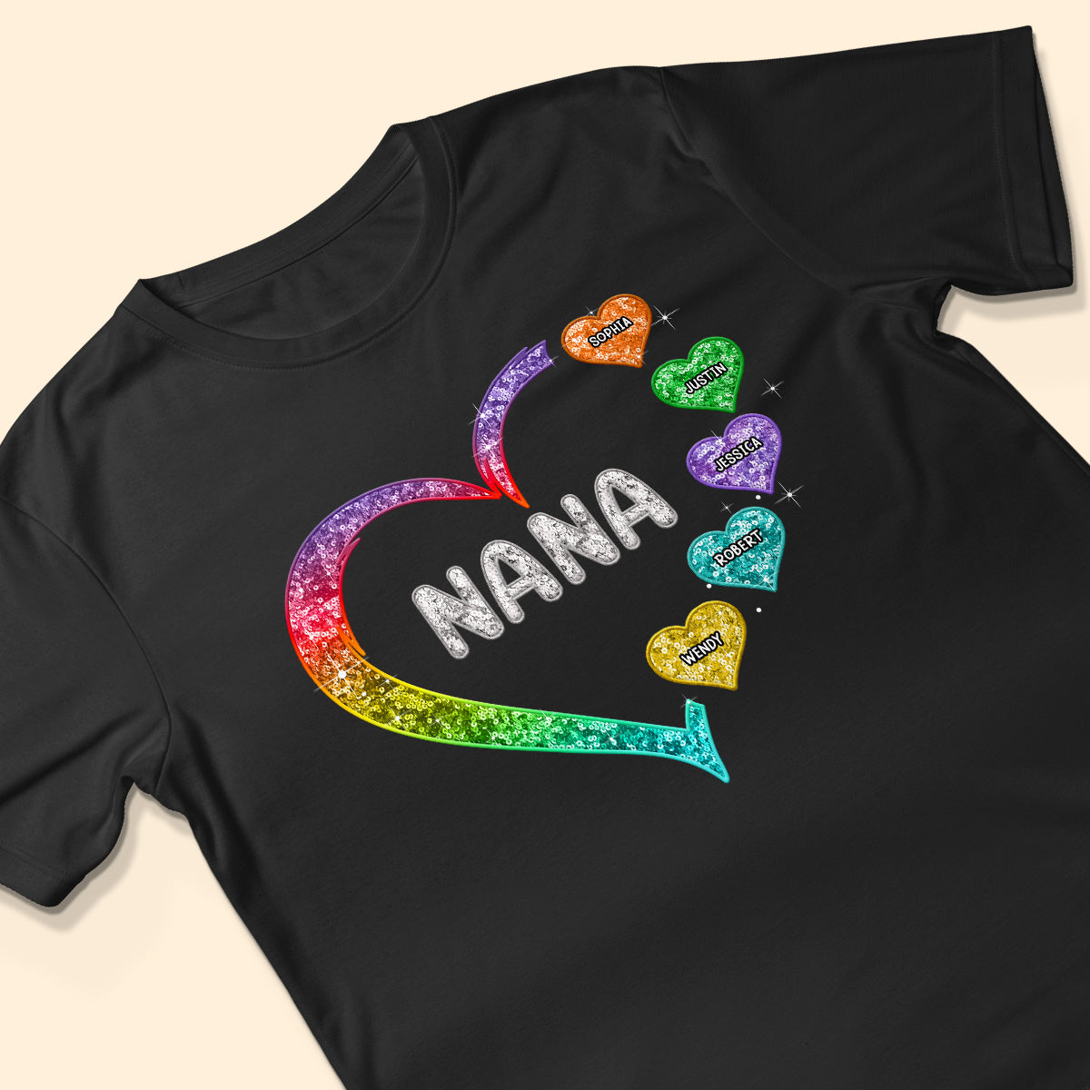 Grandma Mom Heart Faux Sequin Embroidery Personalized Shirt