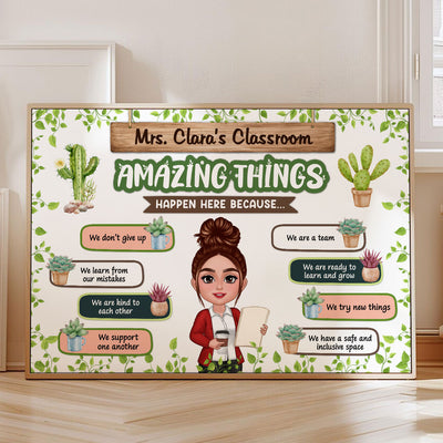 Greenery Boho Plants Amazing Things Happen Here Teacher Personalized Poster, Classroom Decoration