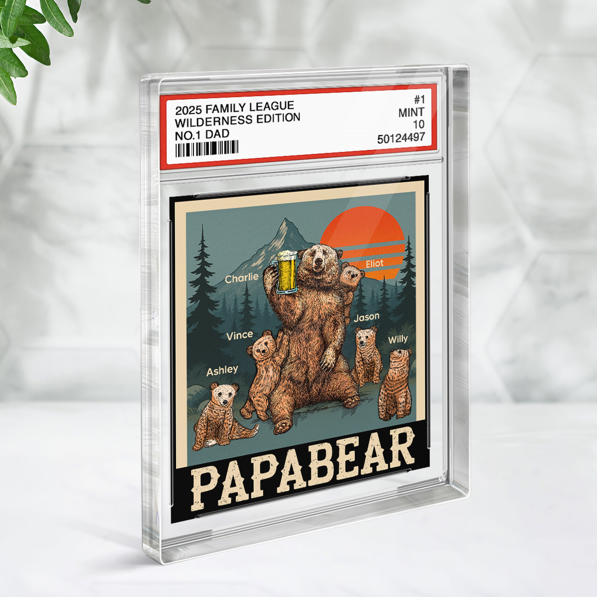 Papabear Dad & Kids Bear Retro Trading Card Style Personalized Acrylic Block Plaque