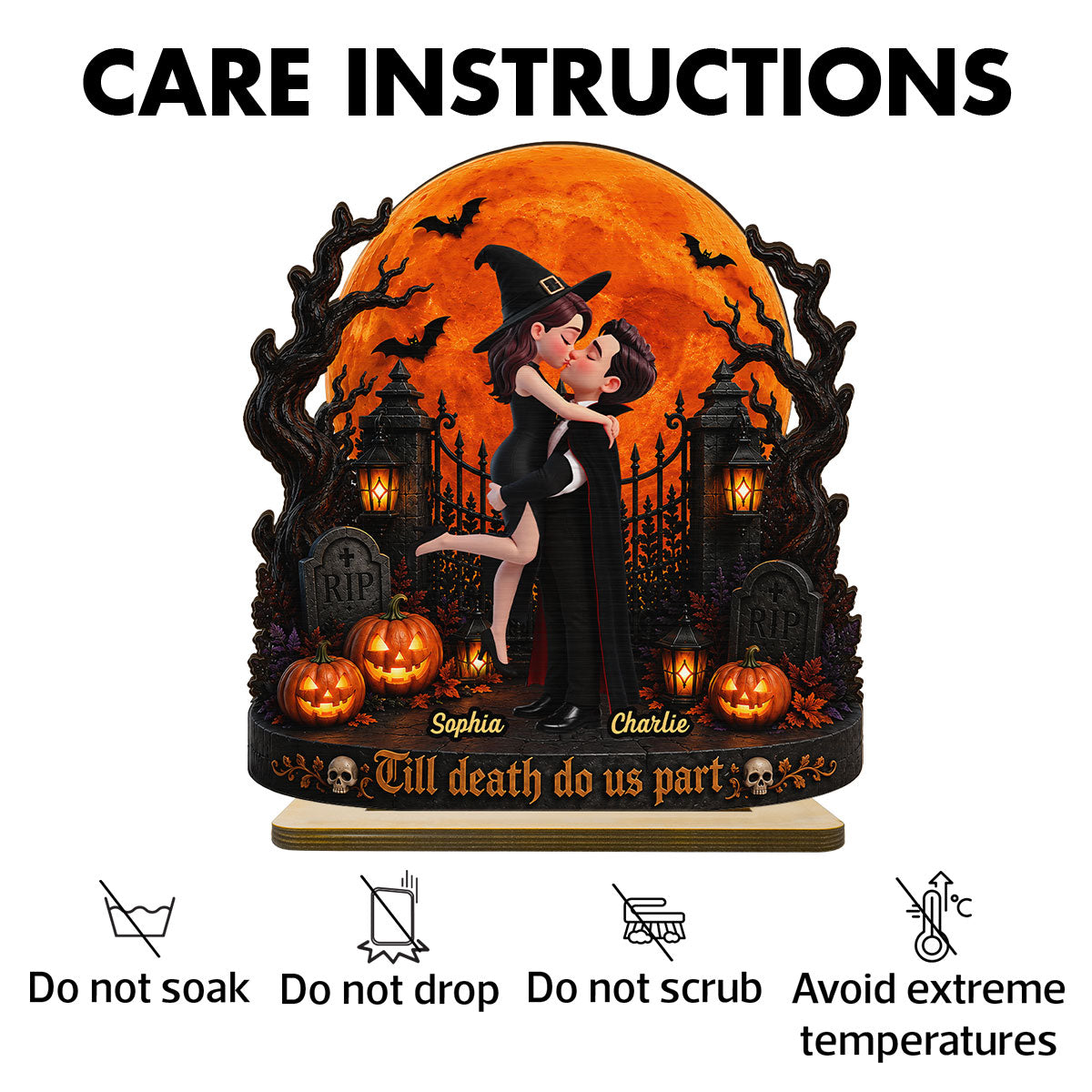 Eternal Love Couple Under Halloween Moon Light - Personalized 2-Layered Wooden Plaque - Halloween Gift For Couple