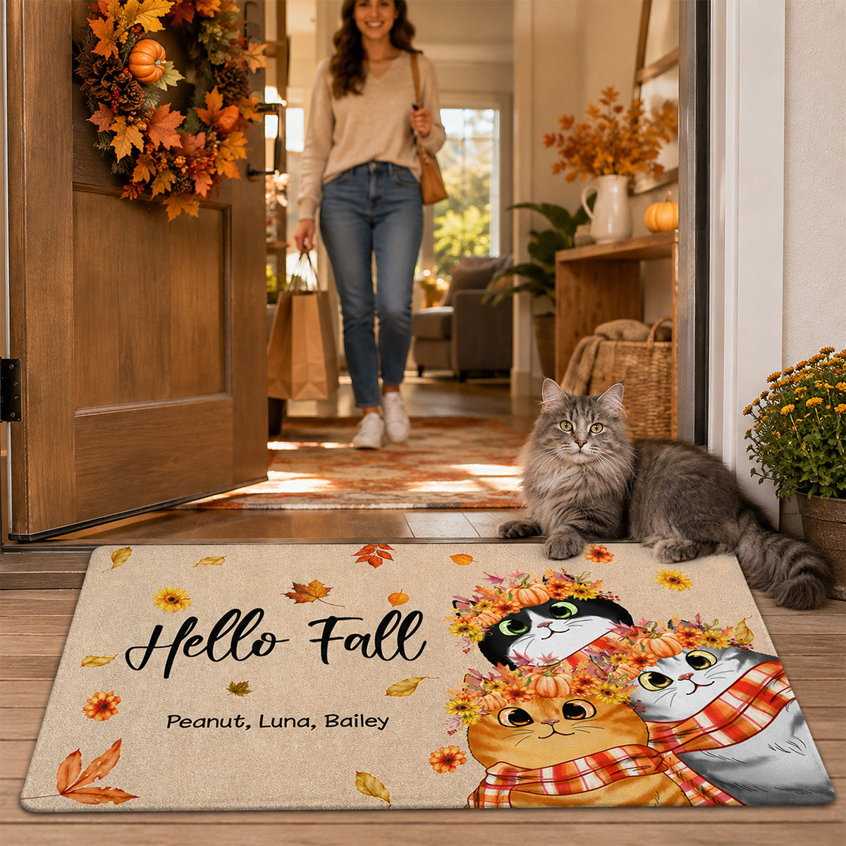 Hello Fall Cute Fluffy Cat - Personalized Doormat - Fall Season Decor For Cat Lover