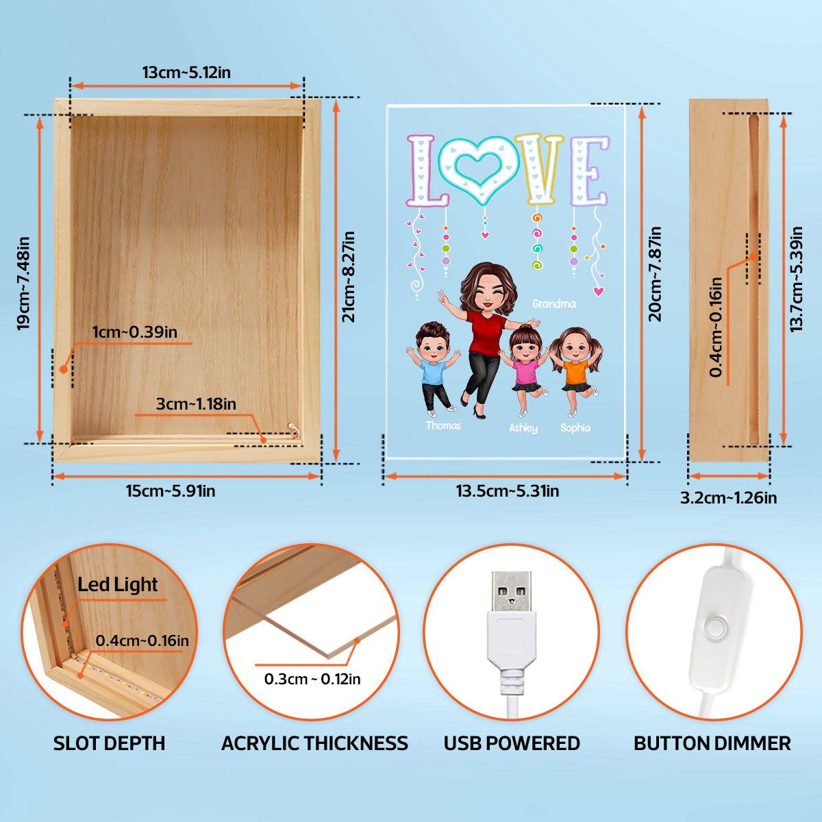 LOVE Happy Doll Grandma Mom With Kids Personalized Wooden Frame Light Box