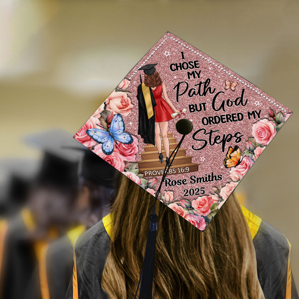 I Chose My Path God Ordered My Steps Personalized Graduation Cap Topper (Not Real Glitter)