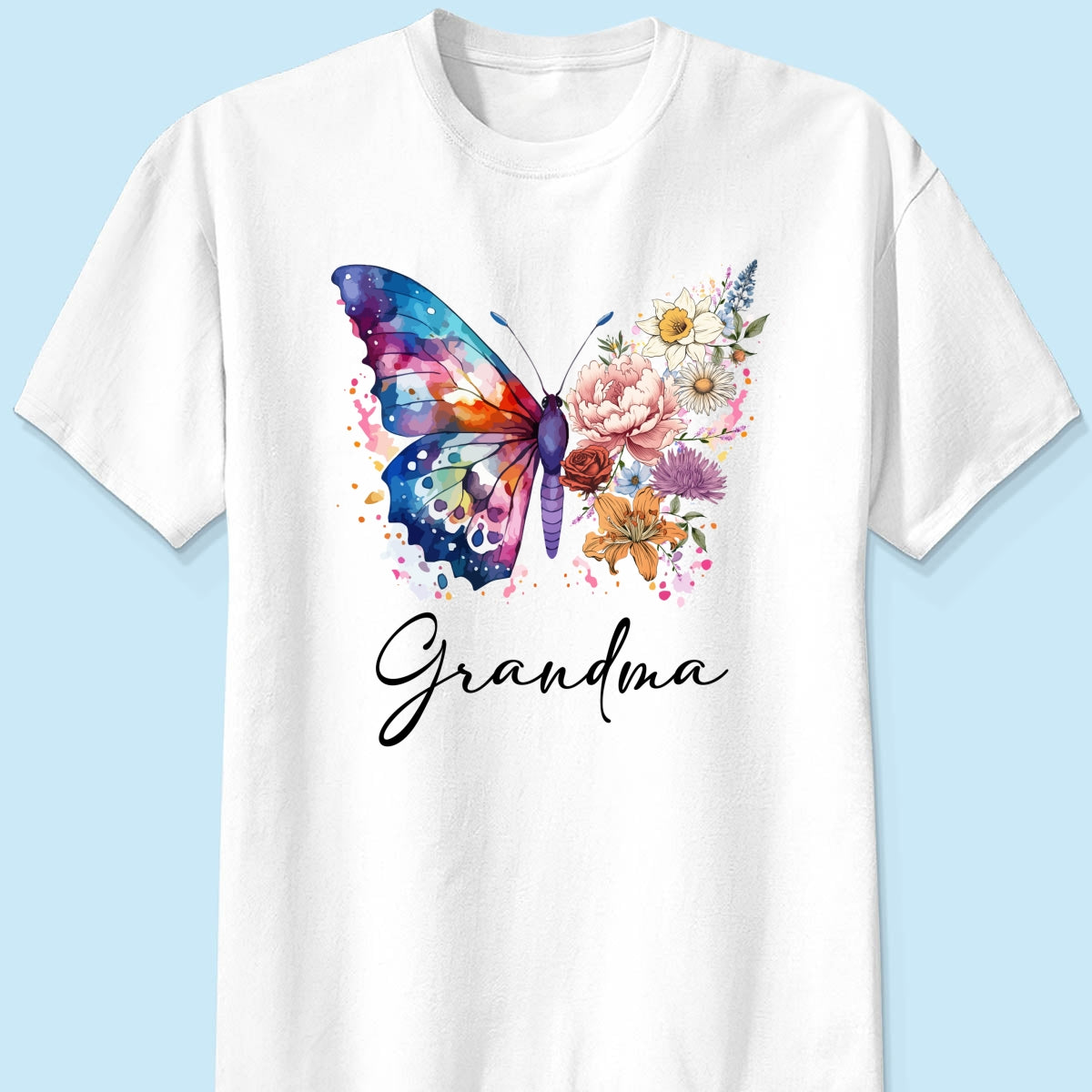 Grandma Mom Half Butterflies Birth Month Flowers Personalized Shirt