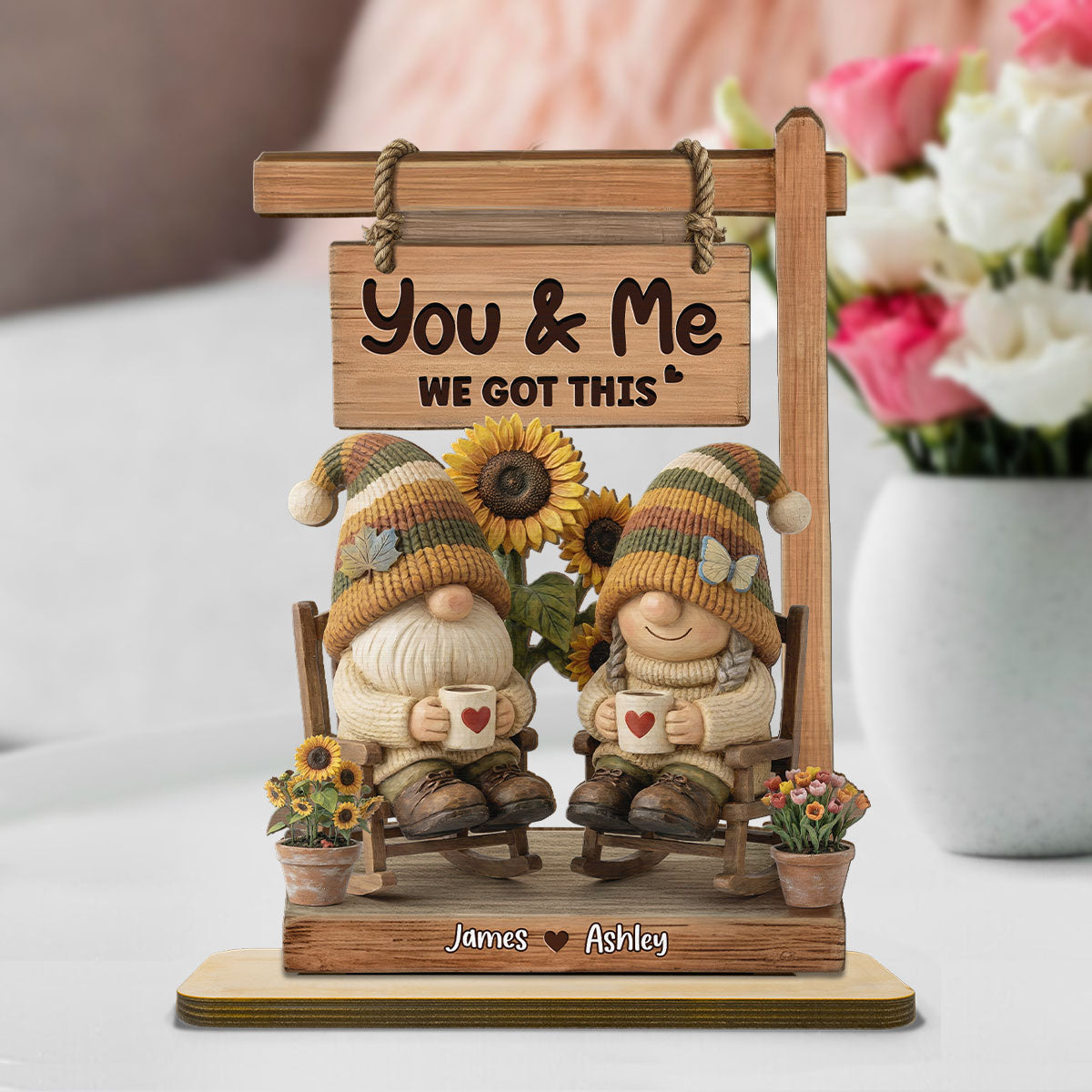 3D Effect Gnome Couple Sitting On Rocking Chair - Personalized 2-Layered Wooden Plaque - Perfect Valentine's Day Gift For Him, Gift For Her