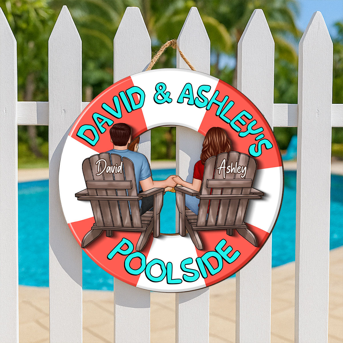 Couple Sitting Back View Poolside Swimming Float Personalized 2-Layer Wood Sign