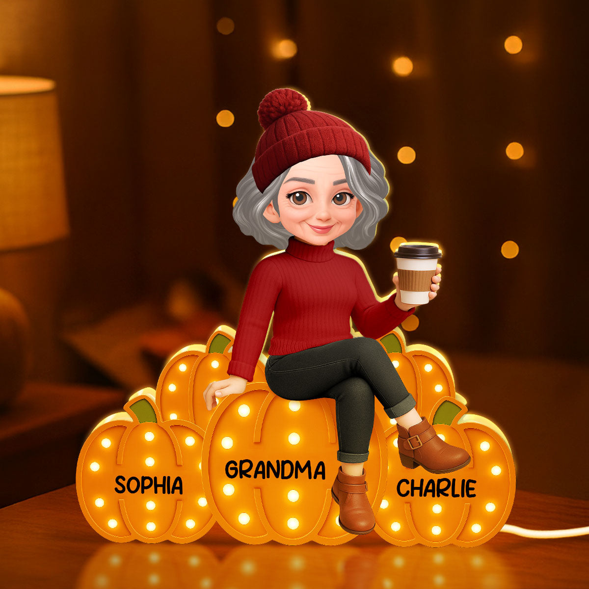 Grandma Mom Sitting On Pumpkins Marquee Pattern Effect Personalized LED Light Box, Cozy Fall Vibe Home Decoration