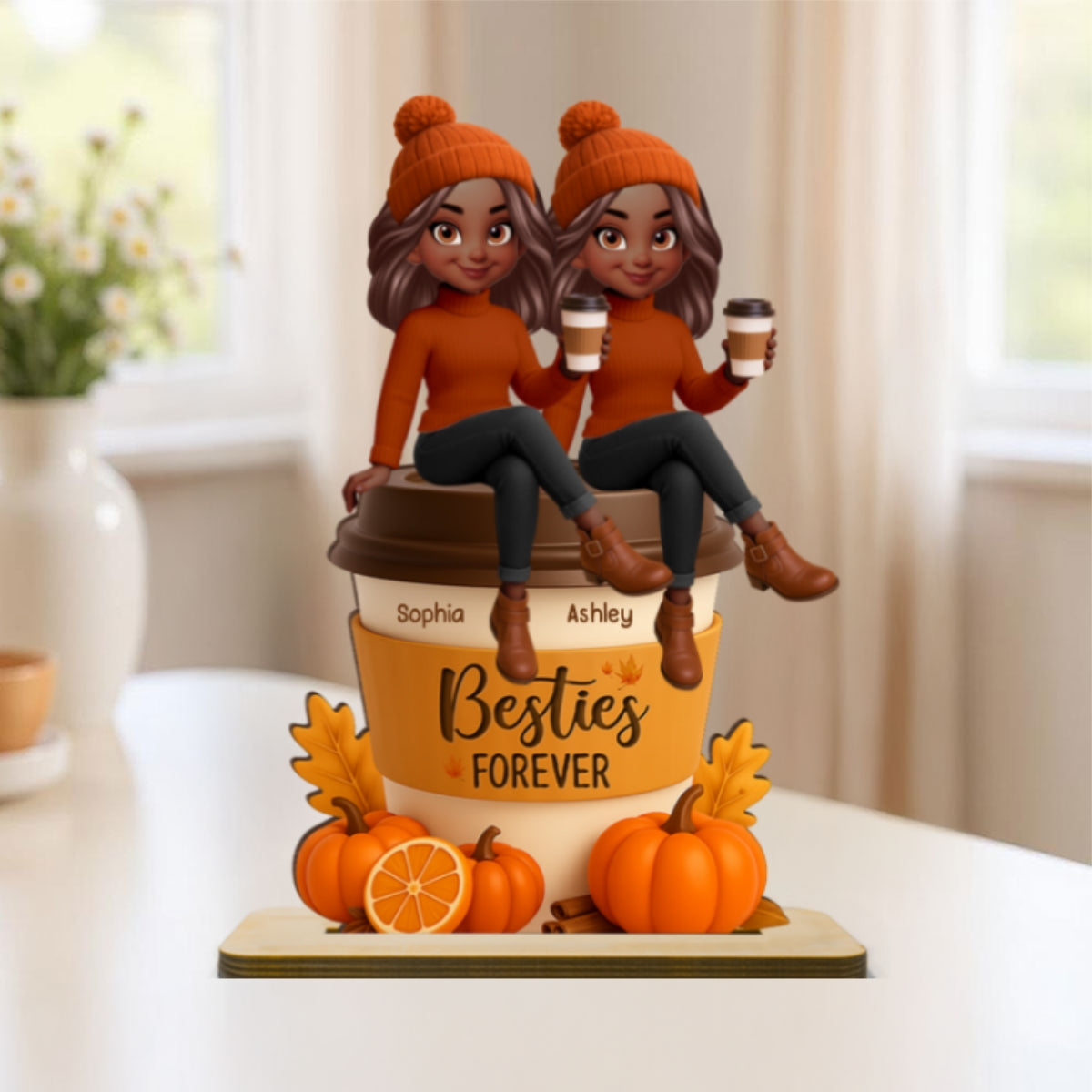 Fall Season Besties Sitting On Pumpkin Spice Latte Personalized Standing Wooden Plaque