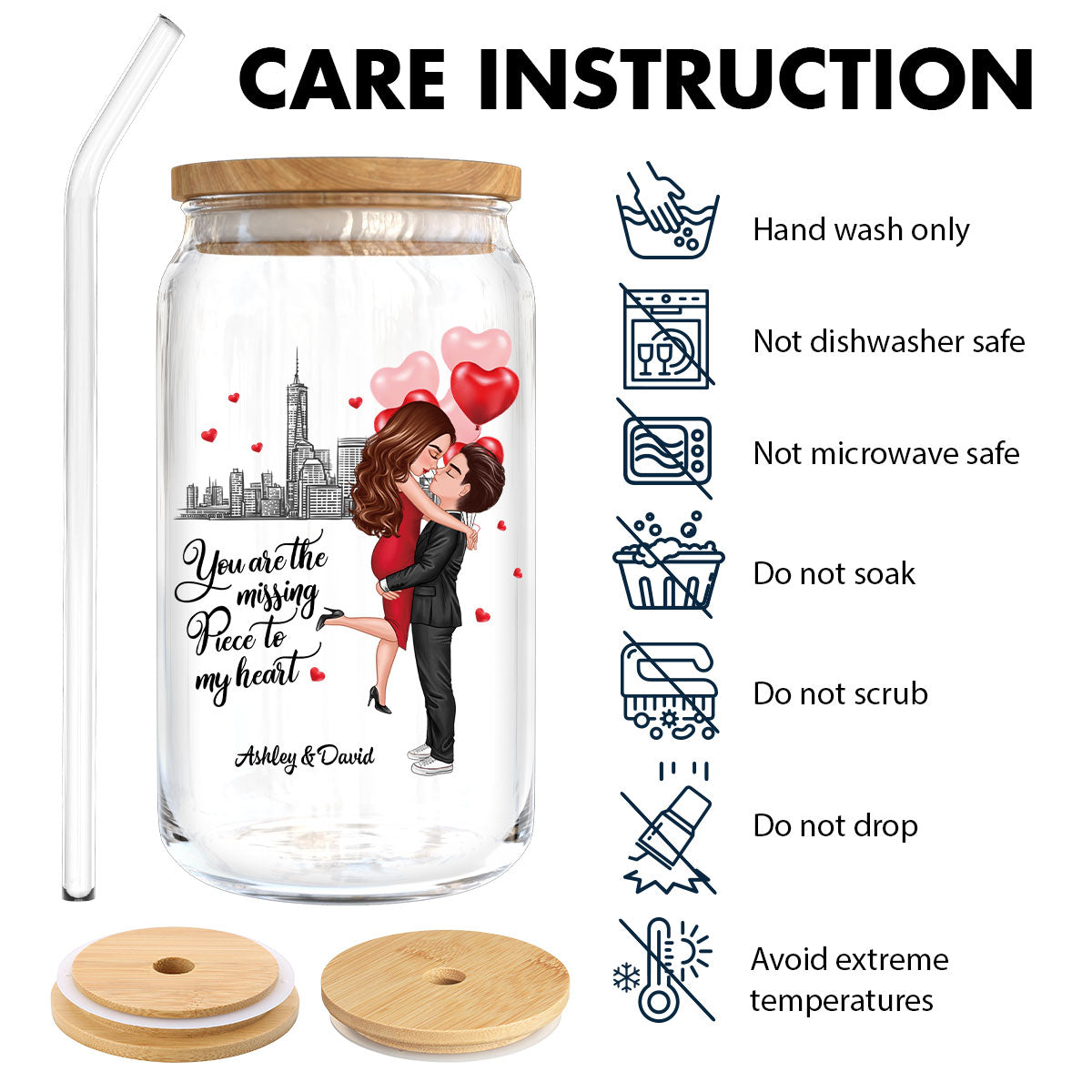 Couple Hugging Kissing You‘re The Missing Piece To My Heart Personalized Clear Glass Can