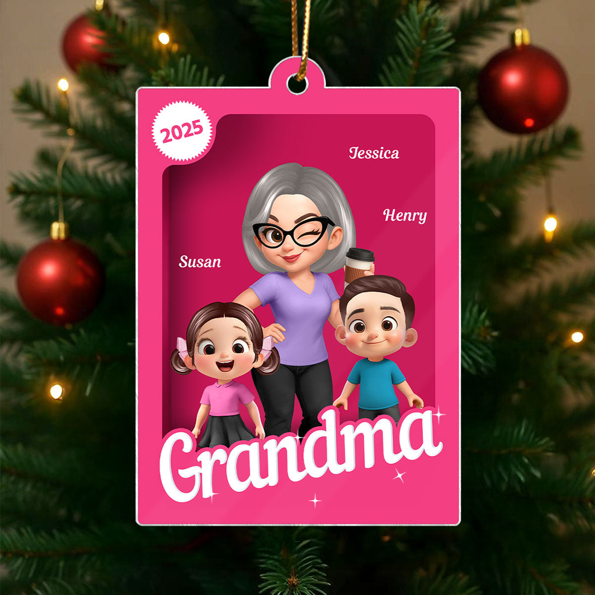 Grandma Grandkids 3D Effect Pink Action Figure - Personalized Acrylic Ornament, Christmas Gift for Grandmas
