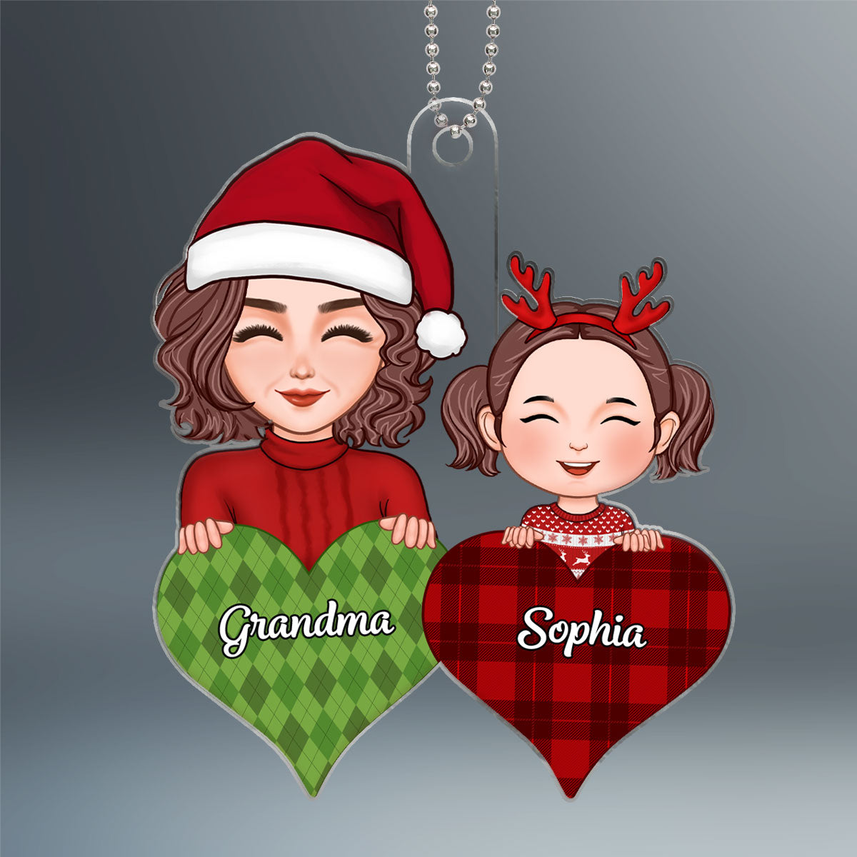 Pretty Grandma & Grandkid Peeking On Pattern Heart Christmas Gift For Grandson Granddaughter Personalized Acrylic Ornament