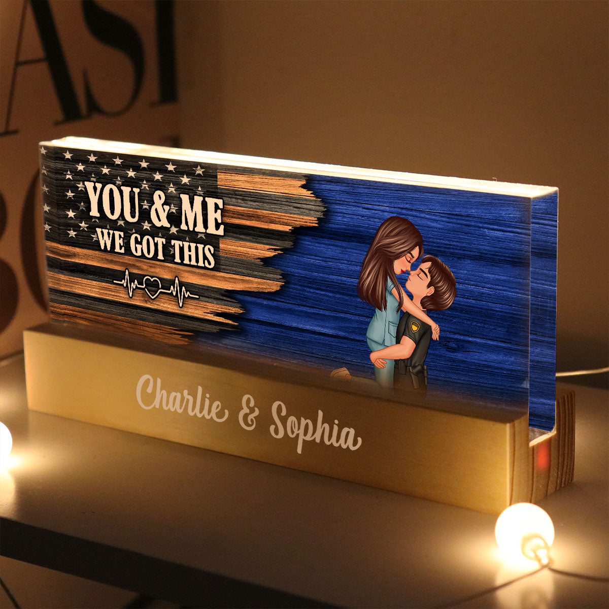 Hero Couple Hugging Kissing Half Flag  Gift by Occupation Personalized Acrylic Block LED Night Light