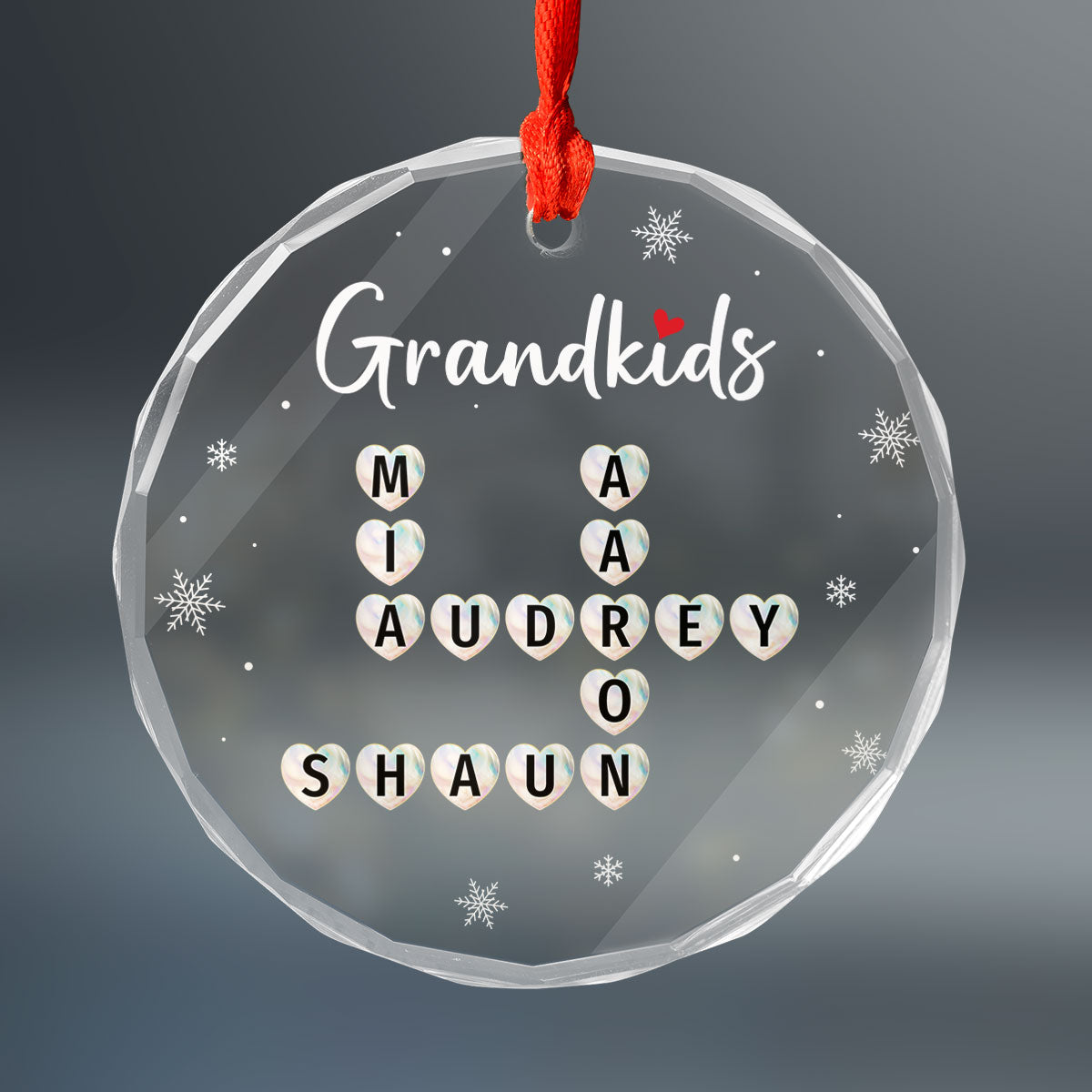 Grandkids Heart Crossword Art Puzzle Personalized Glass Ornament, Gift For Grandma Grandparents