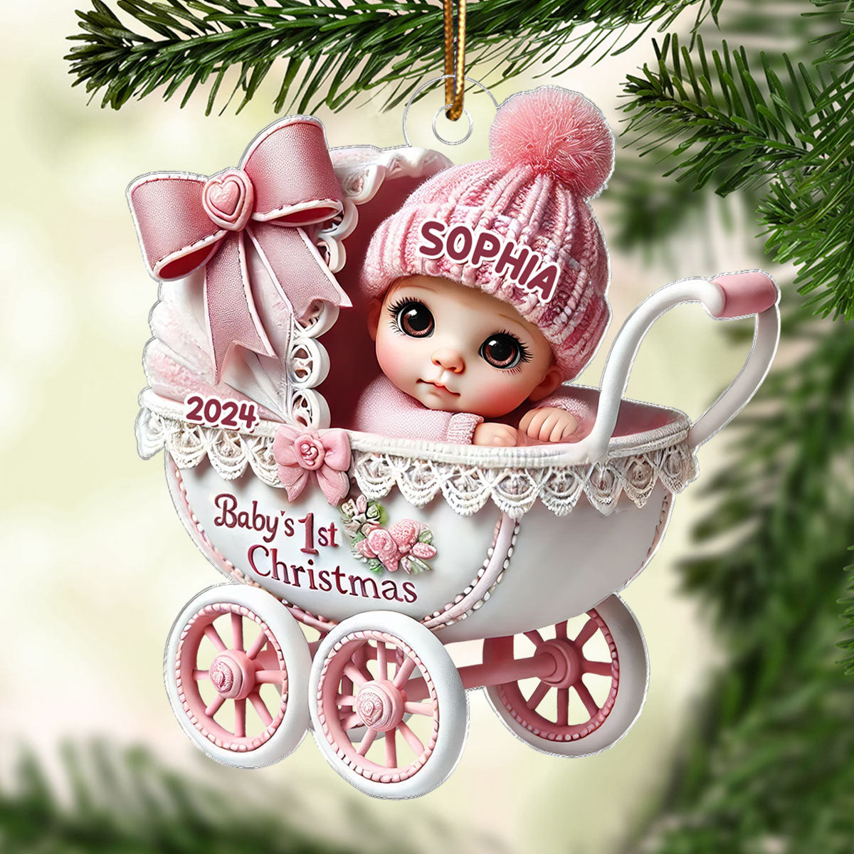 3D Effect Newborn Baby In Carriage Christmas Personalized Flat Acrylic Ornament, Christmas Gift For Newborns, New Parents