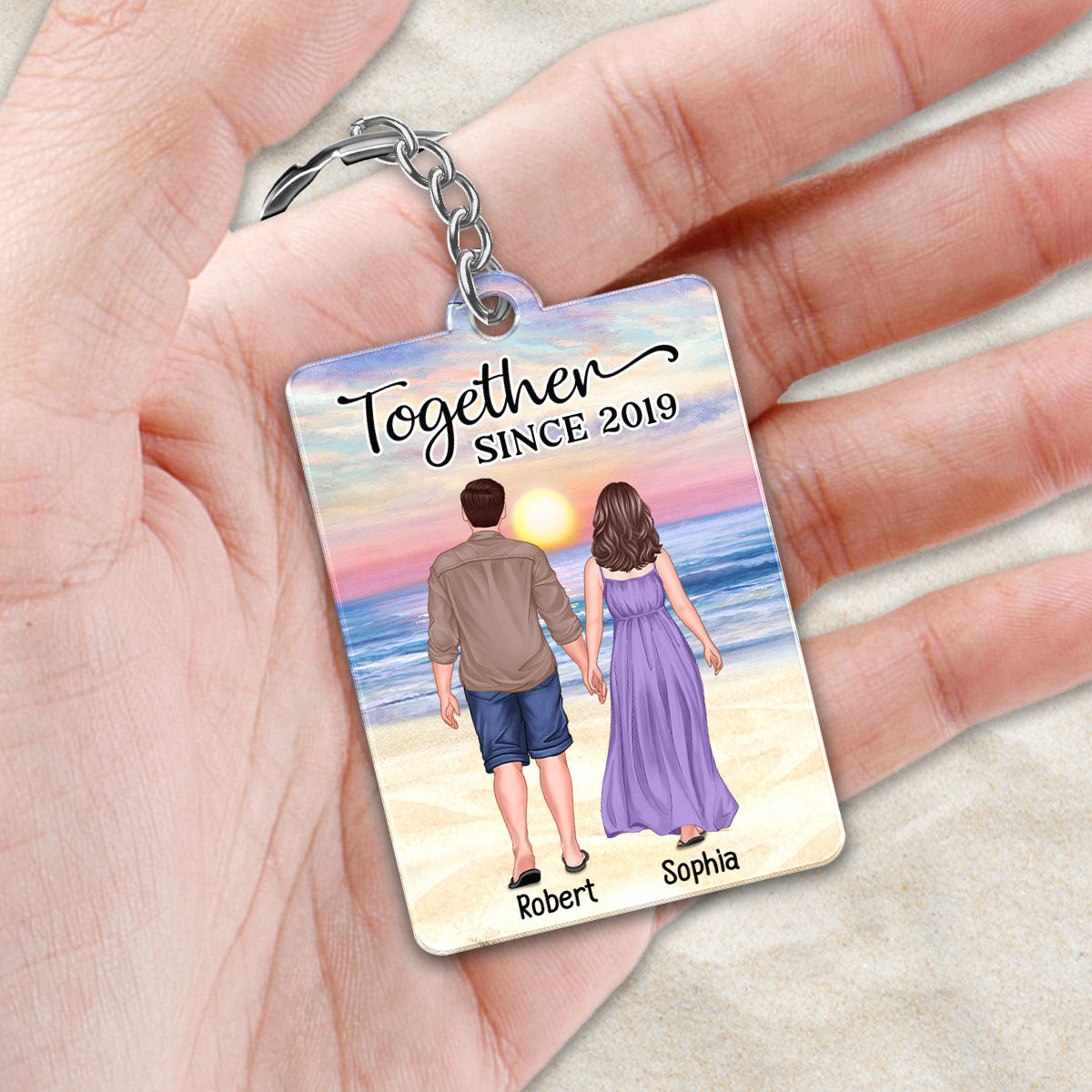 Back View Couple Walking At Beach Favorite Song QR Code Personalized Acrylic Keychain