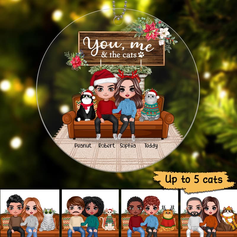 You Me & The Cats On Sofa Christmas Personalized Acrylic Ornament