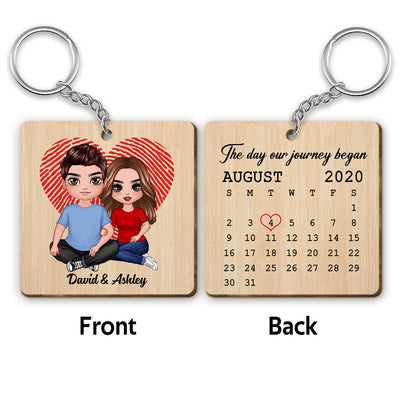 Doll Embracing Couple Sitting Calendar Anniversary Date Personalized Wooden Keychain