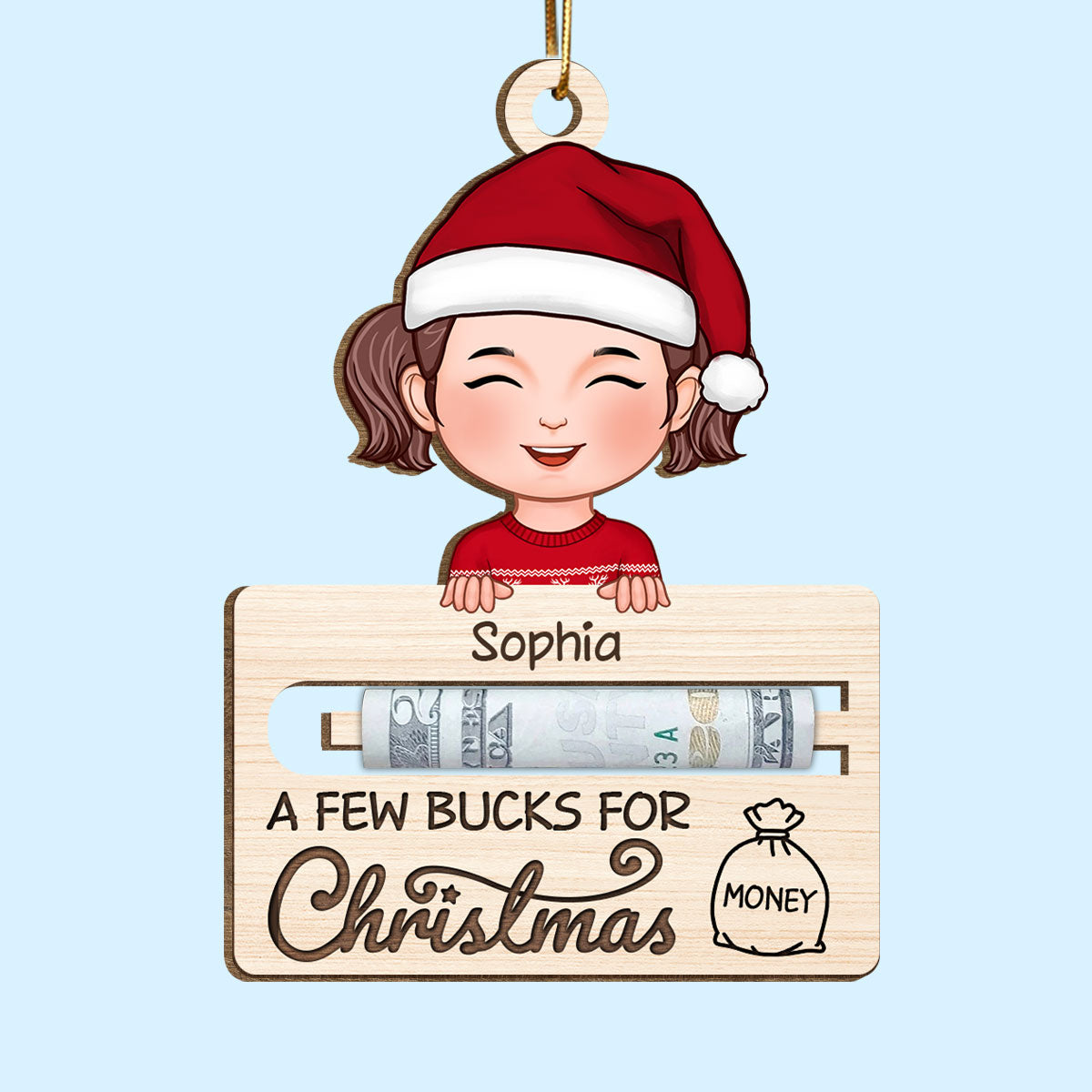 A Few Bucks For Christmas Personalized Wooden Ornament, Money Holder Ornament For Kids
