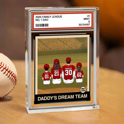 Retro Baseball No. 1 Dad Man & Kids Sitting Trading Card Style Personalized Acrylic Block Plaque