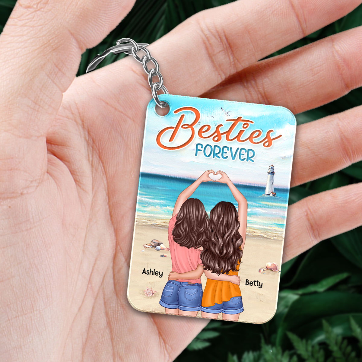 Beach Landscape Back View Heart Hands Besties Forever Personalized Acrylic Keychain