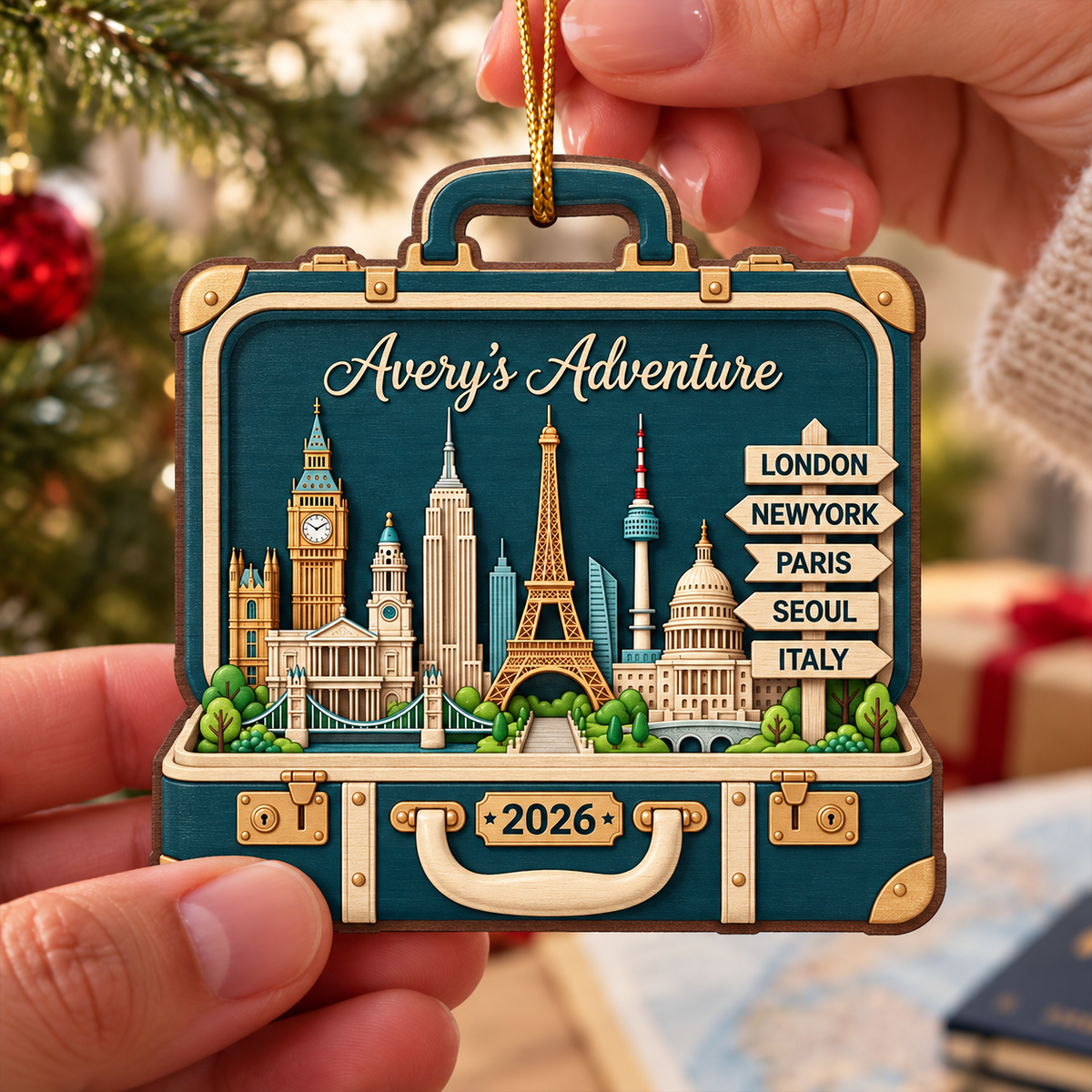 Custom Travel Adventure Suitcase 2D Flat Printed - Personalized Wooden Ornament - Traveling Destination Keepsake, Christmas Gift For Traveling Lovers
