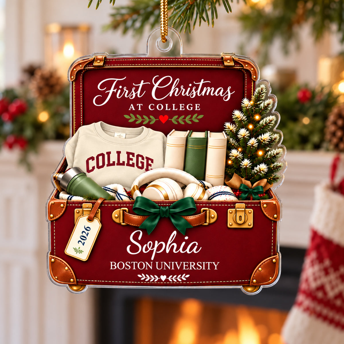 First Christmas at College Suitcase 2D Flat - Personalized Acrylic Ornament – Custom Name & School Christmas Gift for College Freshman