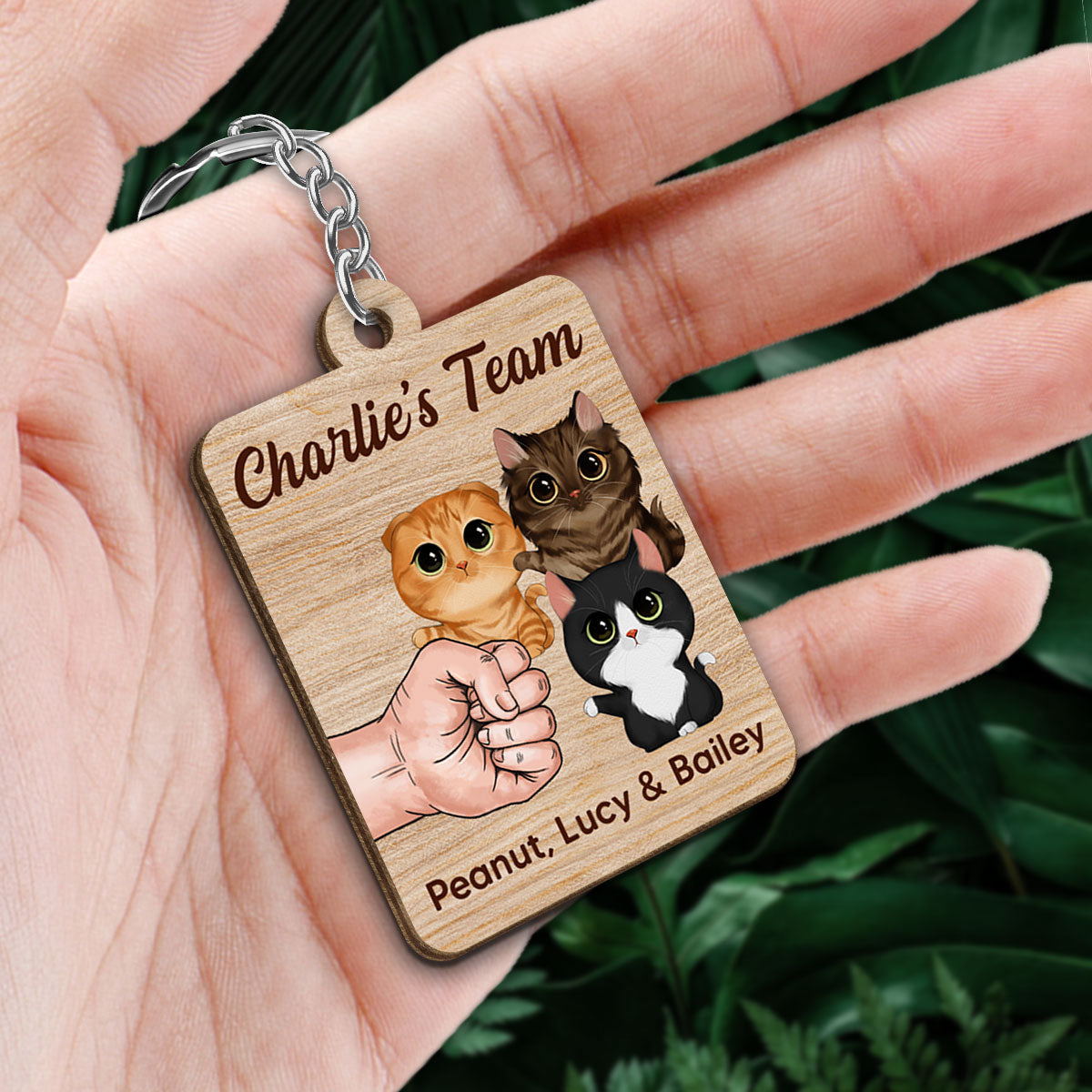 Cat Dad‘s Team Watercolor Cute Cats Personalized Wooden Keychain