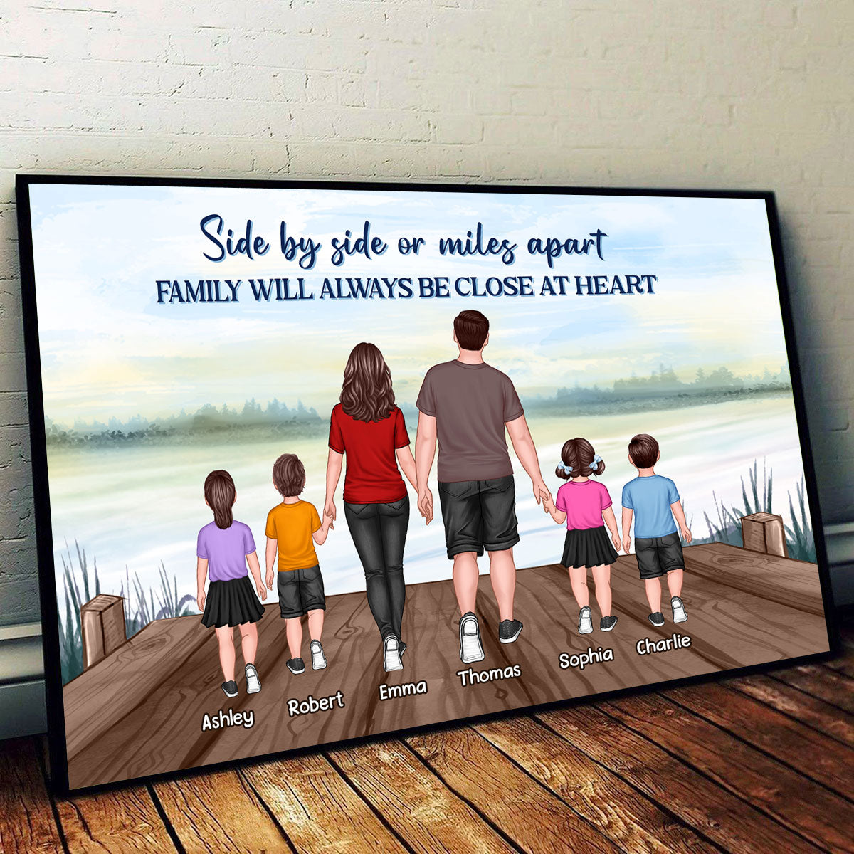 Family Standing Back View Lake Personalized Horizontal Poster