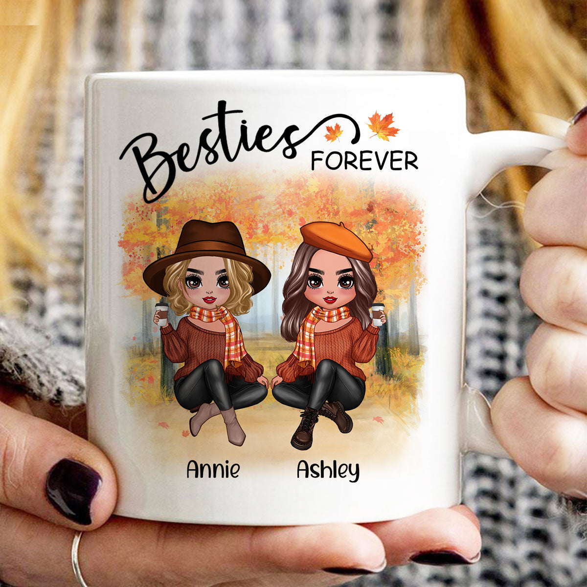 Doll Best Friends Besties Sitting Fall Season Personalized Mug