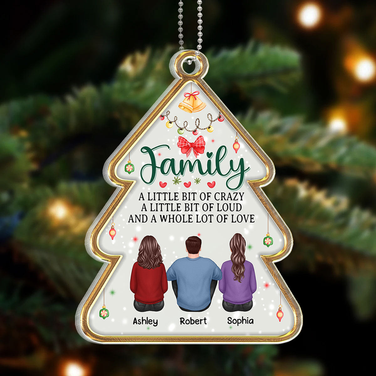 Family Sitting Back View Christmas Tree Shaped Personalized Acrylic Ornament