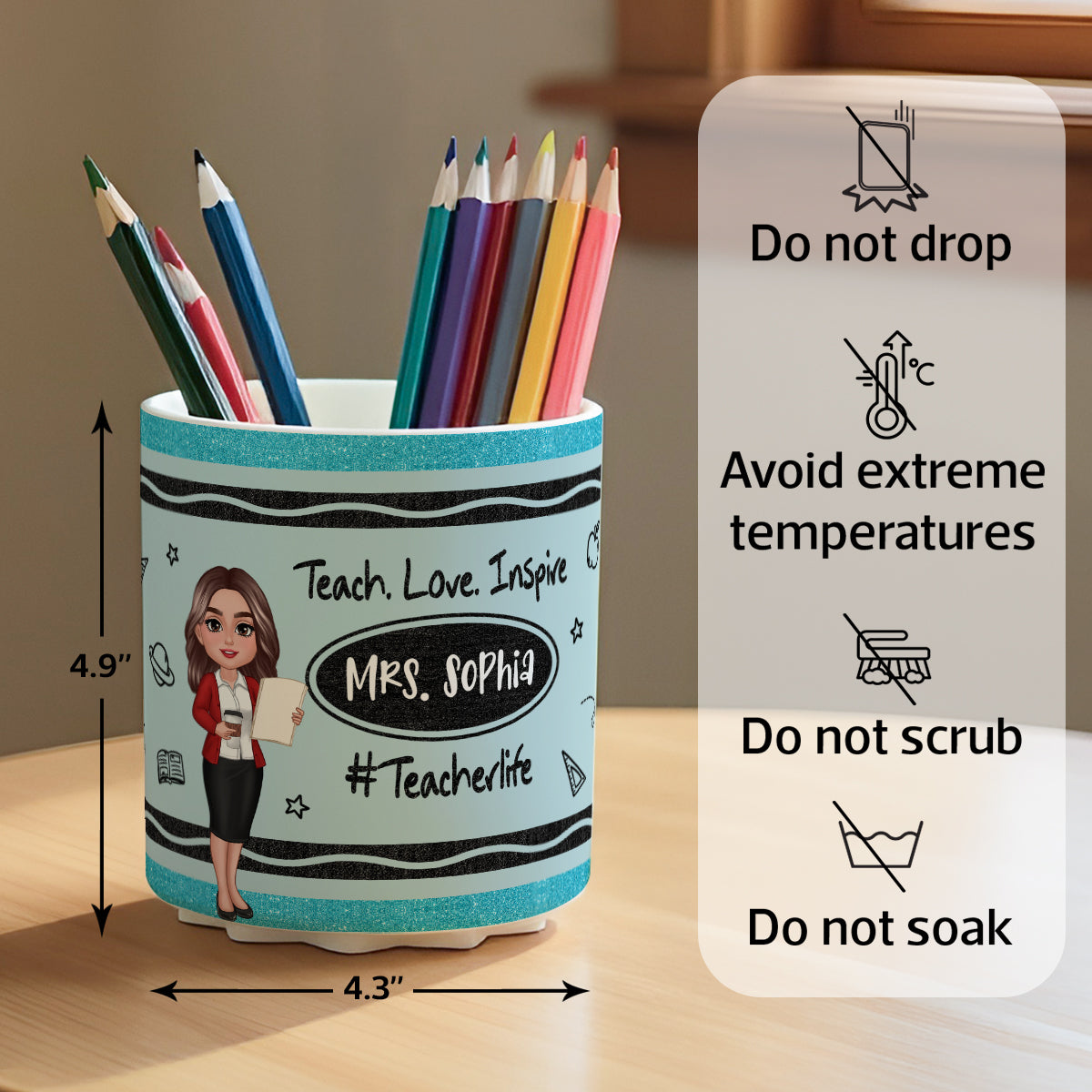 Teacher Crayon Pattern Personalized Rotating Pen Holder, Teacher Appreciation Gift, Back To School Gift