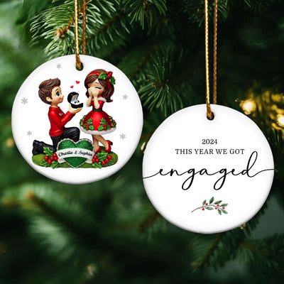 This Year We Got Engaged Personalized Ceramic Ornament, Custom Just Engaged Gifts for Couples