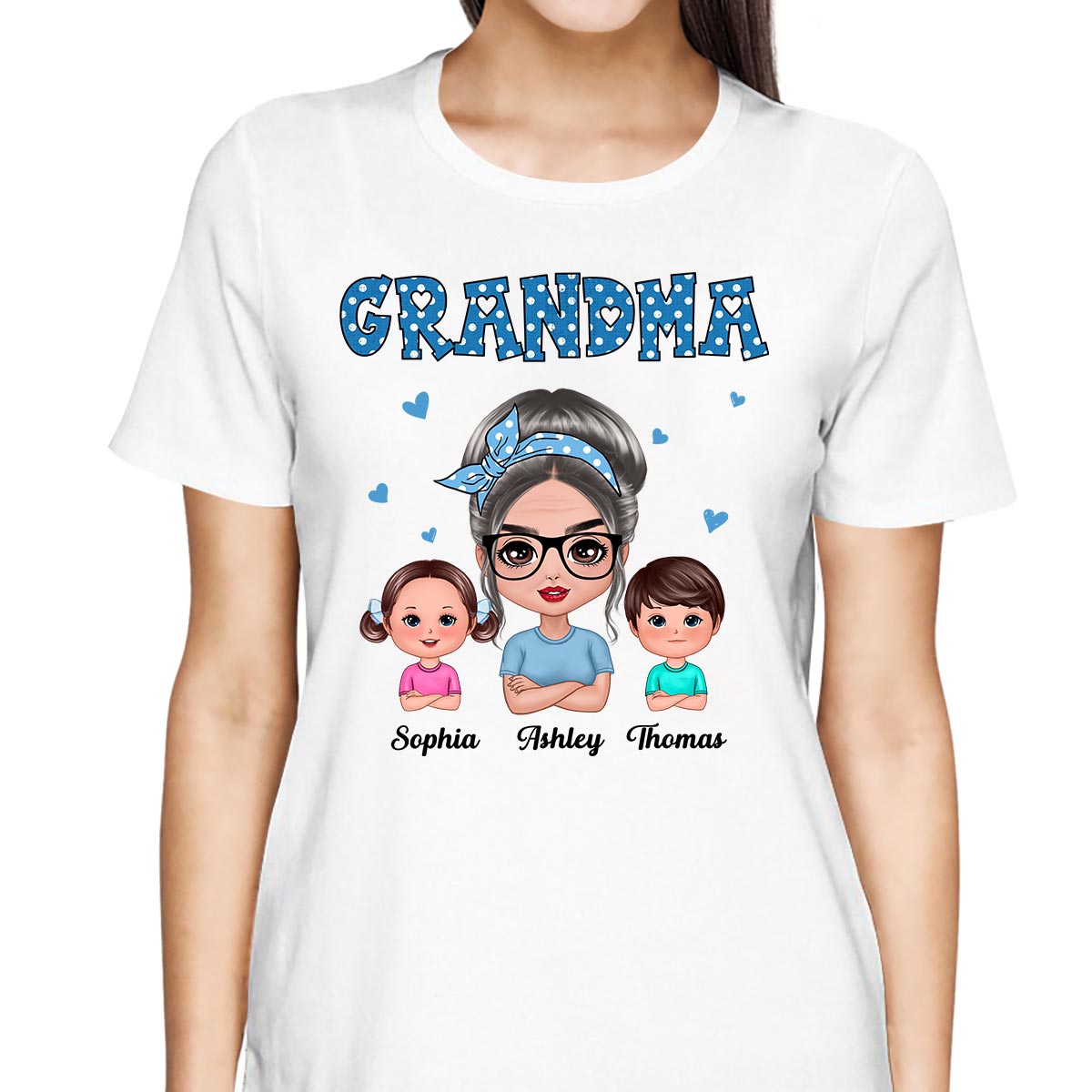 Blue Polka Dot Grandma With Grandkids Pattern Personalized Shirt