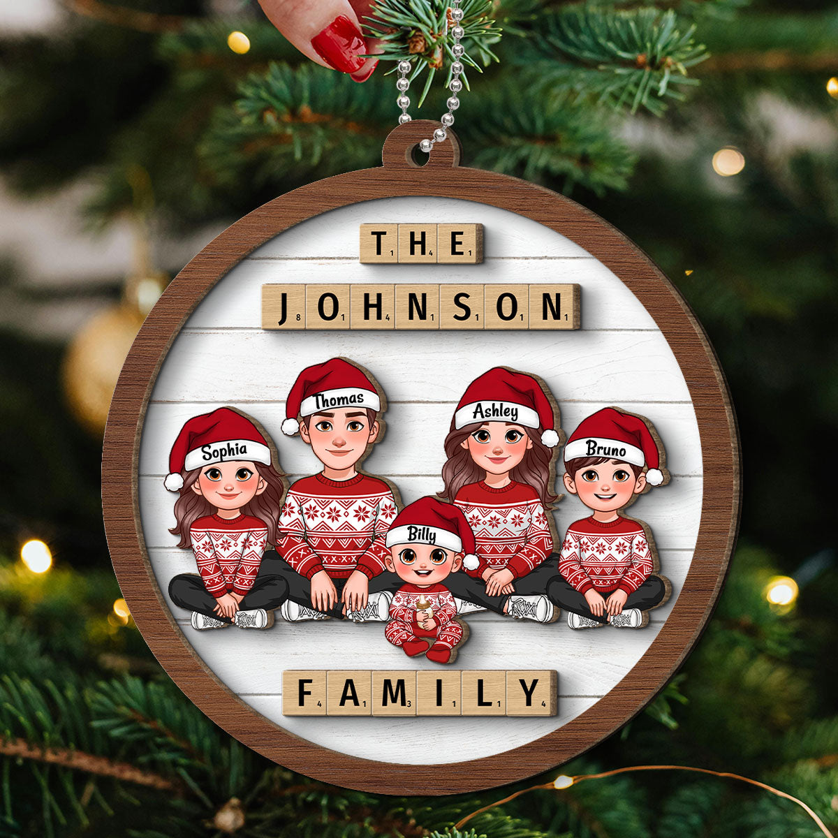 Animated Family Sitting Wooden Blocks Personalized 2-Layer Wooden Ornament, Christmas Decoration, Christmas Gift For Family