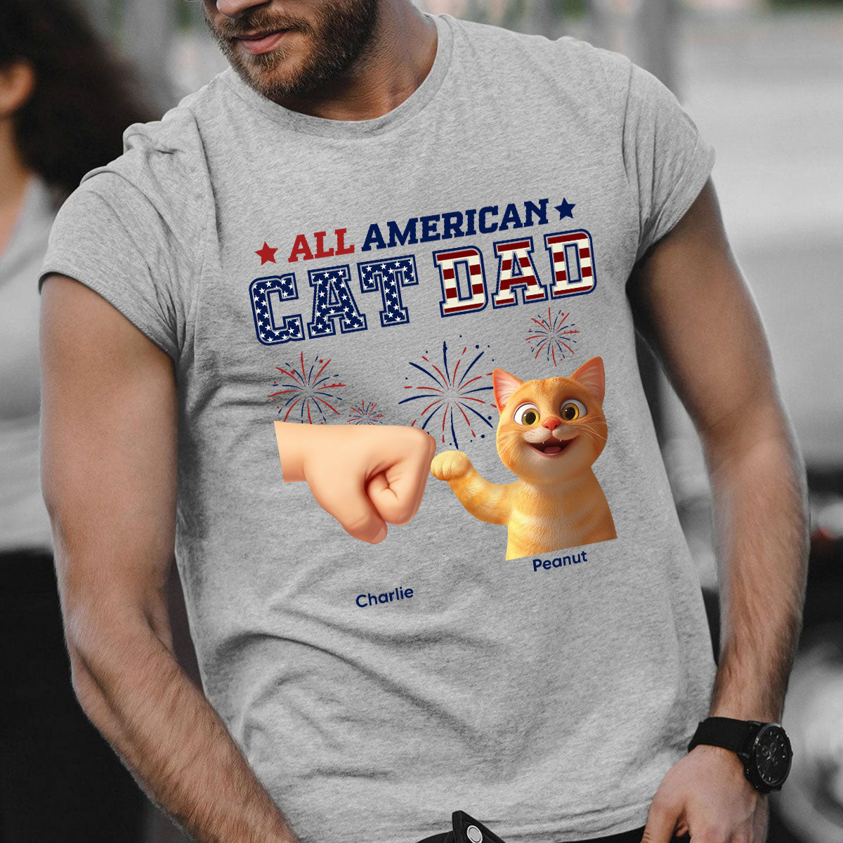 All American Cat Dad Cat Mom Cartoon Cat Punch Hand Personalized Shirt, 4th of July Independence Day Celebration