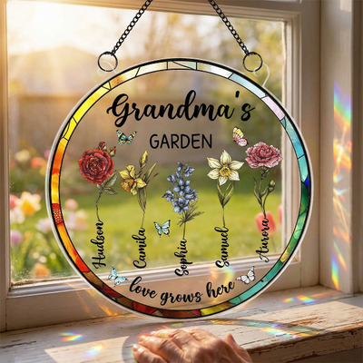 Grandma's Garden Love Grows Here Birth Month Flower - Personalized Acrylic Window Hanging - Vintage Home Decor Gift For Grandma