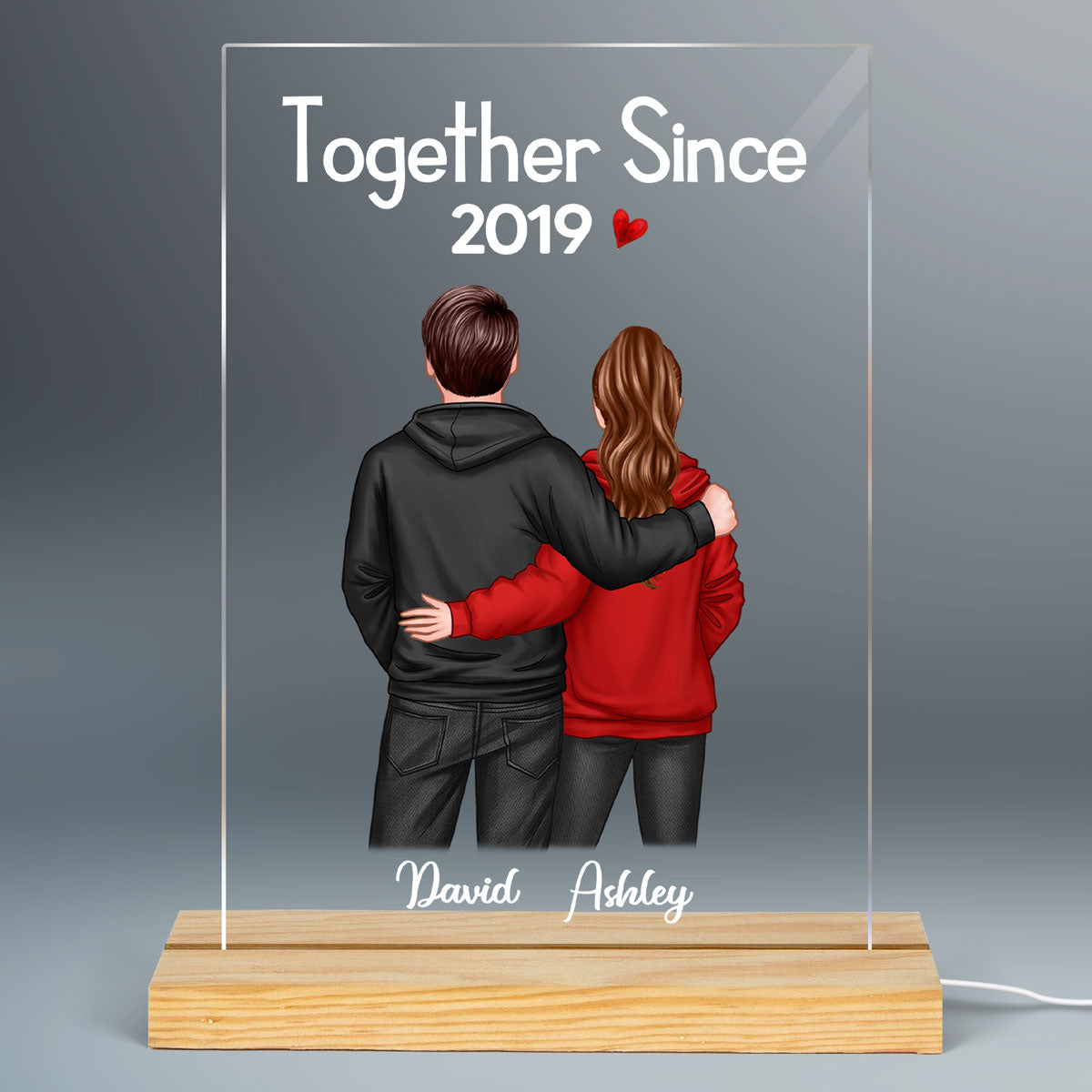 Back View Hoodie Couple Valentine‘s Anniversary Gift For Him Gift For Her Personalized Rectangle Acrylic Plaque LED Lamp Night Light