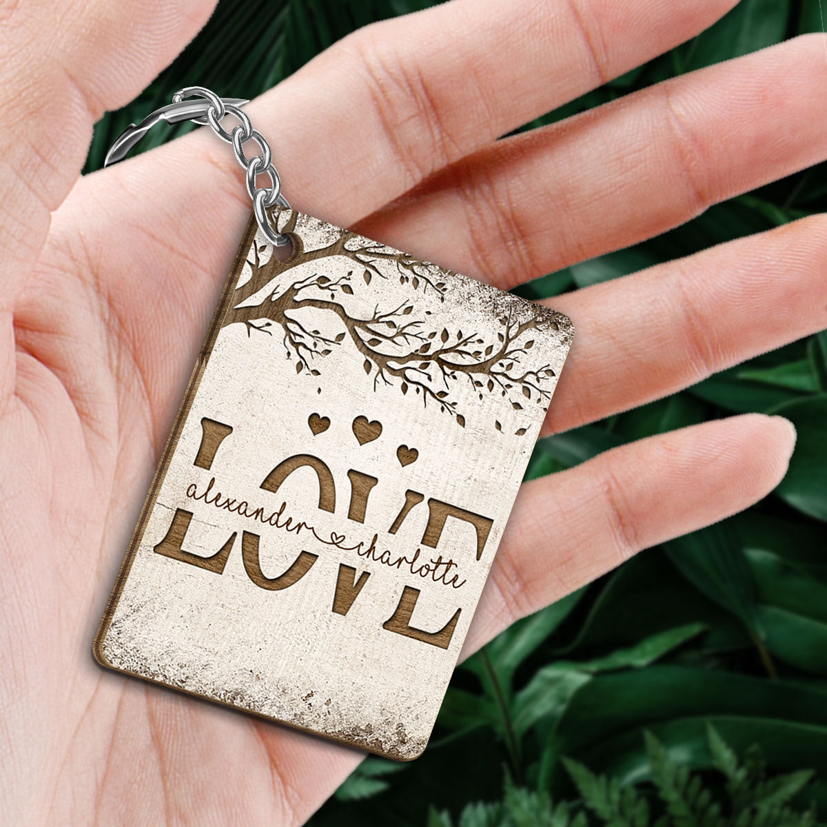Love Cut Through Couple Under Tree Personalized Wooden Keychain