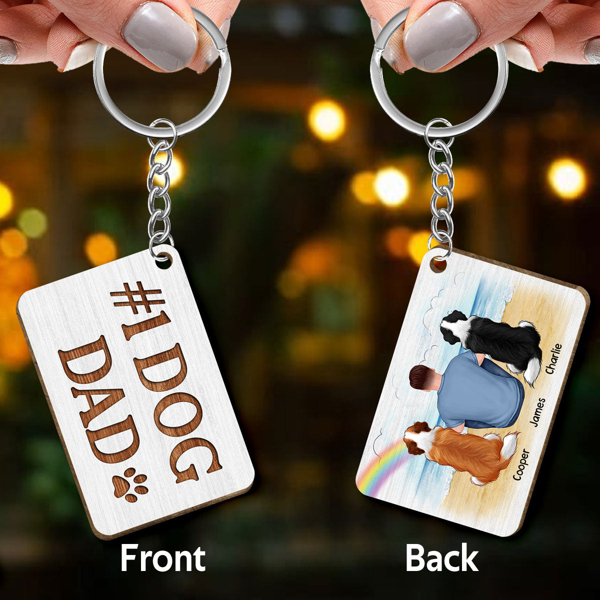 Number One Dog Dad Sitting On Beach Personalized Wooden Keychain