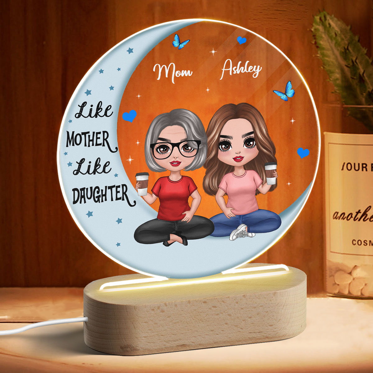 Like Mother Like Daughters Doll Mom And Daughters Sitting On Moon Personalized Circle Acrylic Plaque LED Night Light