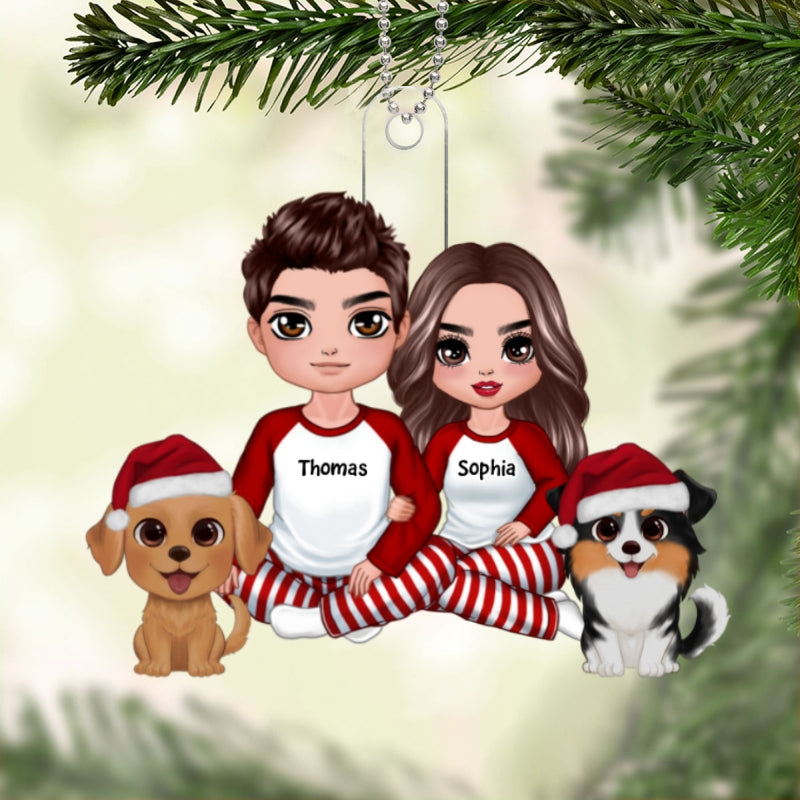 Doll Couple Sitting With Dog Christmas Personalized Acrylic Ornament