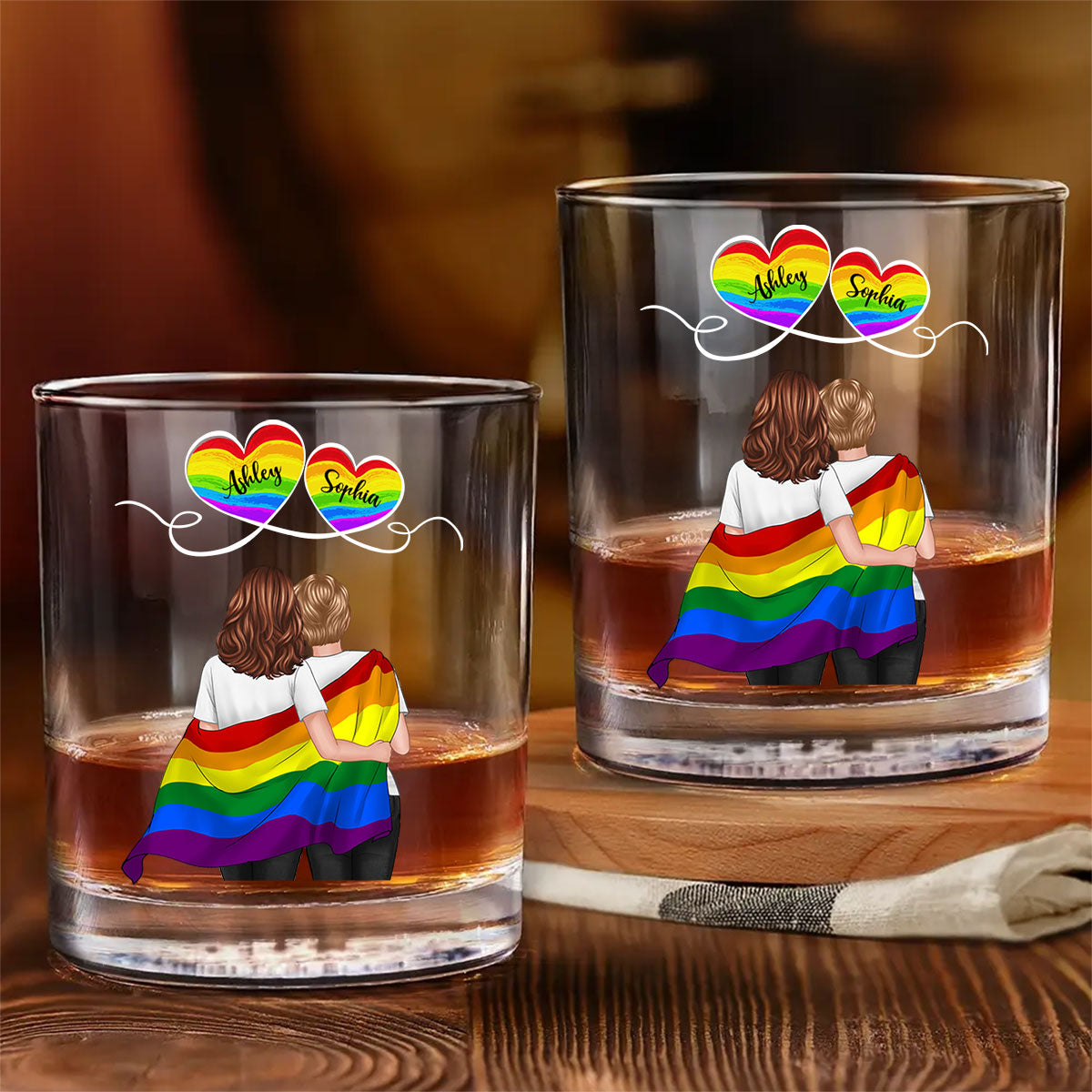 LGBT Couple Pride Month Personalized Whiskey Glass